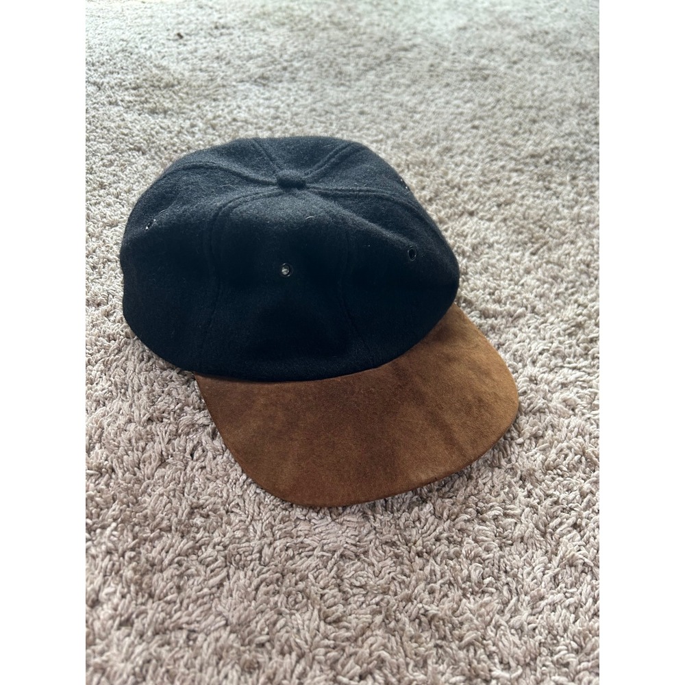 Vintage Black Wool Genuine Brown Suede Leather Brim Strapback Hat One Size - Picture 5 of 8